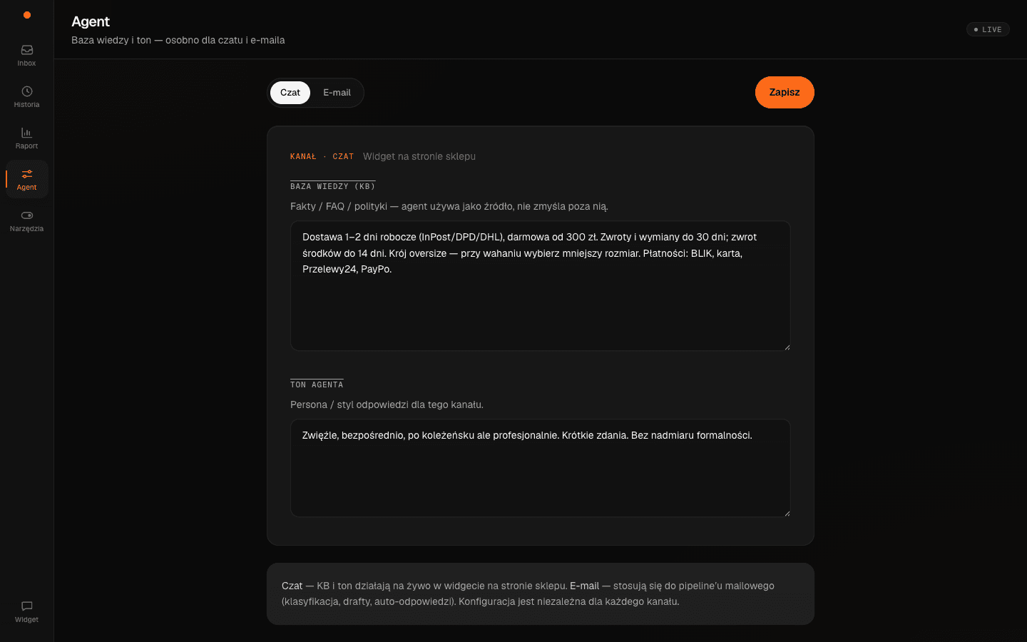 ShopDesk - baza wiedzy i ton agenta