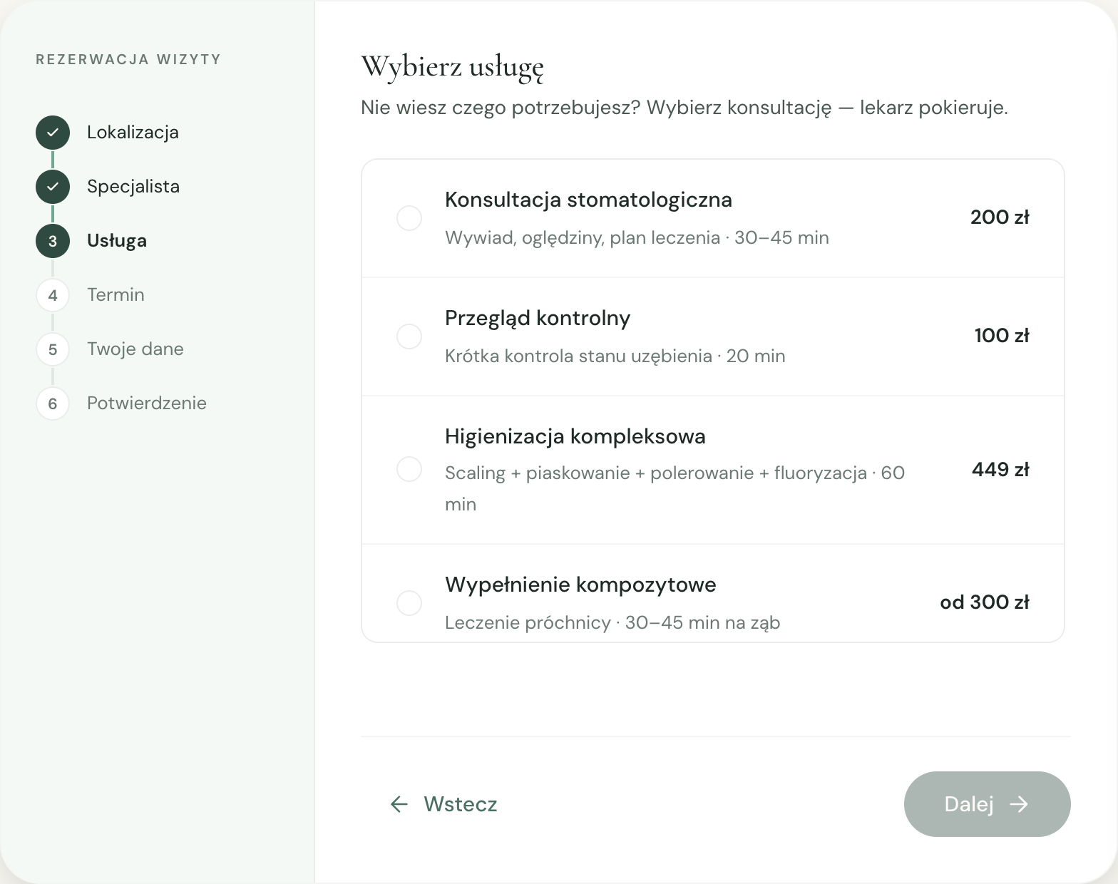 Widget rezerwacji DentCare — wybór usługi