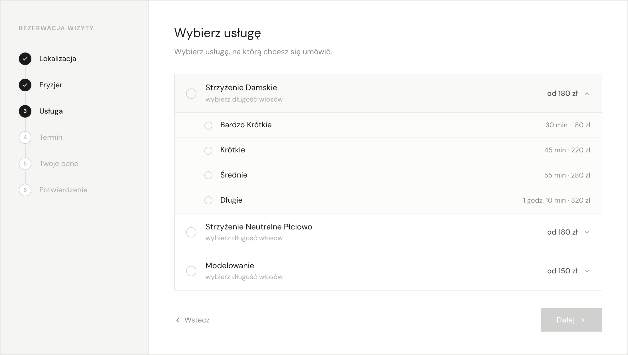 Krok 3: wybór usługi i wariantu długości