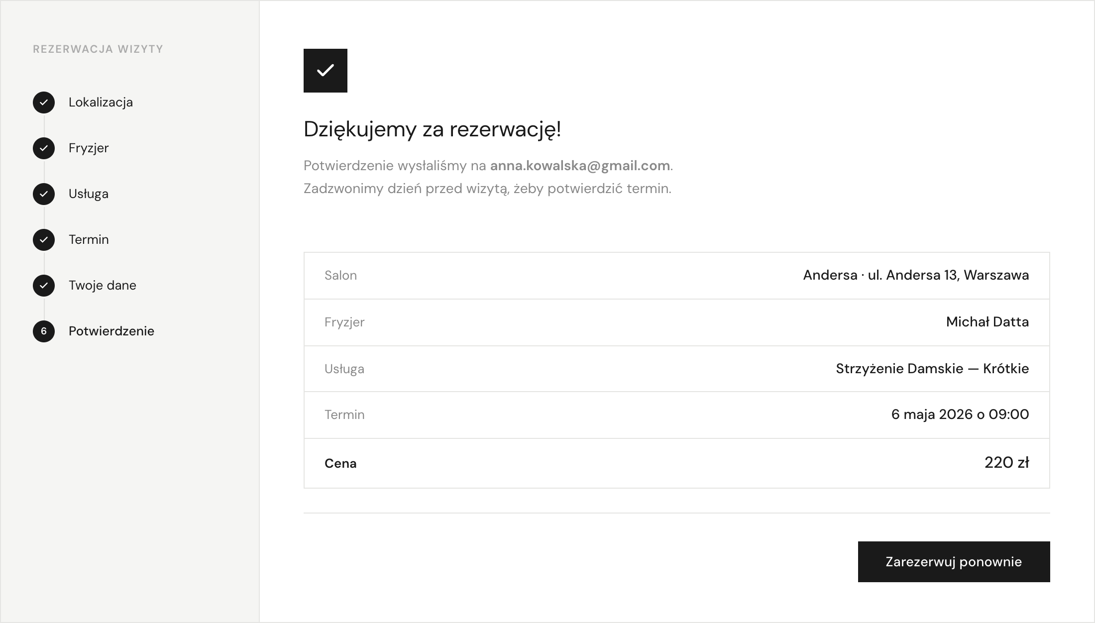 Krok 6: potwierdzenie rezerwacji